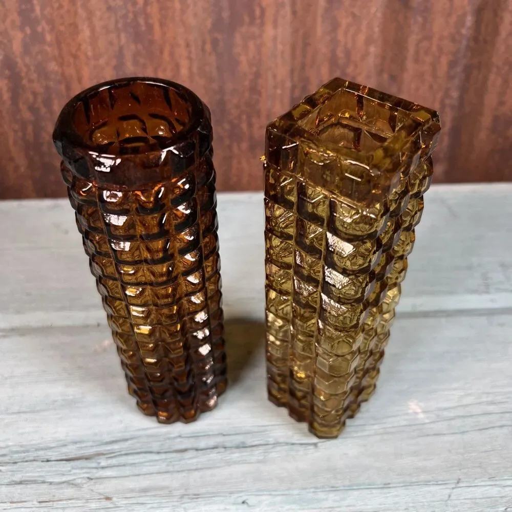 Vintage Mid Century Amber Glass Vases Pair Brutalist Geometric Textured MCM 70s